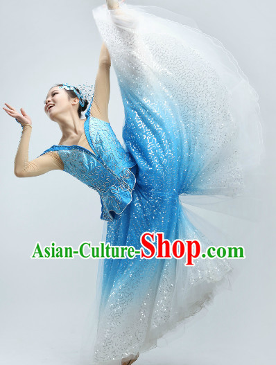 White to Blue Color Change Recital Dance Costumes and Headpieces