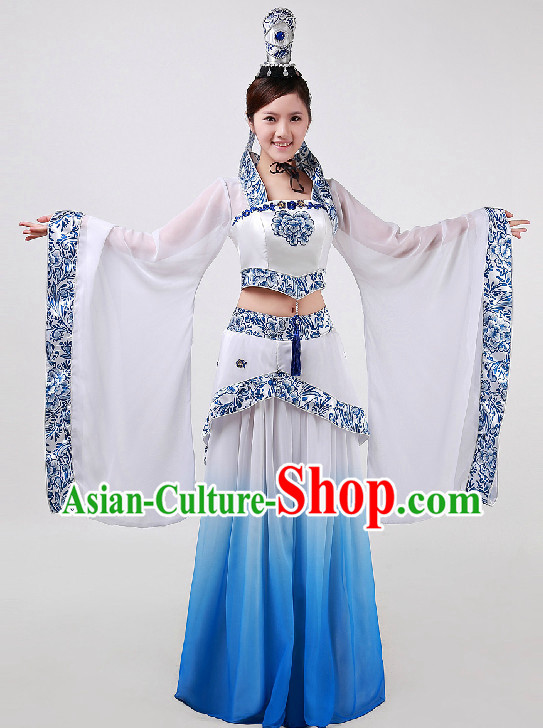 Top Chinese Blue and White Classical Dancing Costumes and Headwear Full Set for Women
