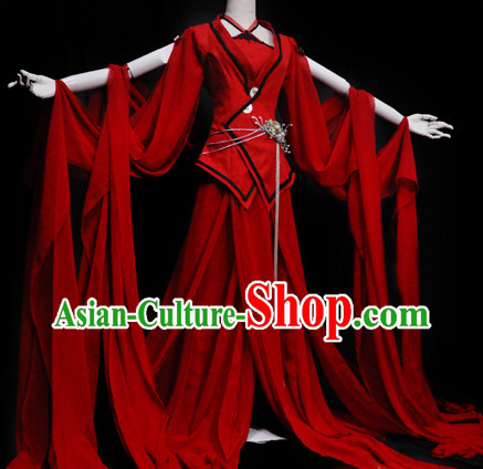 Ancient Chinese Red Princess Wide Sleeves Hanfu Clothes and Accessories Complete Set