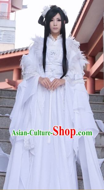 Ancient Chinese White Feather Angel Guzhuang Hanfu Costumes and Hair Accessories Complete Set