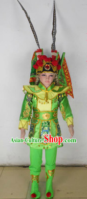 Green Beijing Opera Stage Performance Costumes and Headwear with Flags
