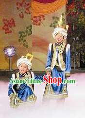 Folk Chinese Qiang Ethnic Dancing Costumes and Hat Complete Set for Kids