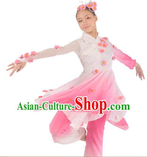 Traditional Chinese Peach Flower Dancing Costumes and Headwear for Women