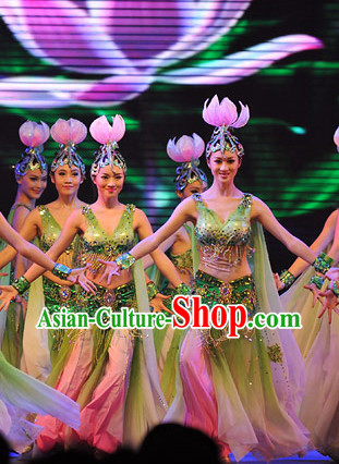 Chinese Lotus Dance Costume and Headpiece for Women