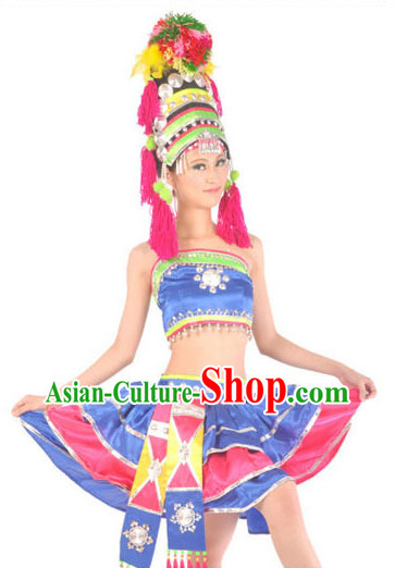 Chinese Hani Minority Female Dresses and Hat