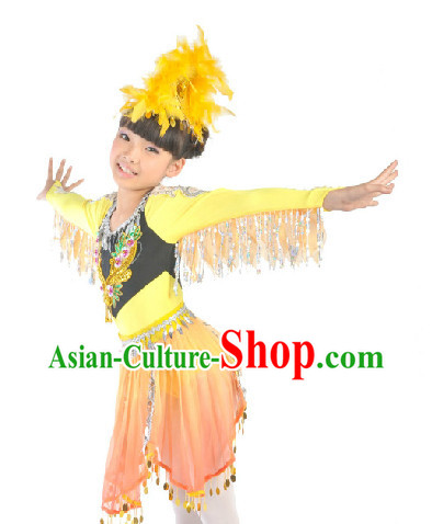 Chinese Folk Dancing Dress and Headdress for Kids