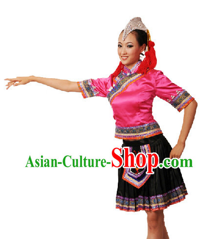 Chinese Yi Nationality Dancing Dress and Headdress for Women