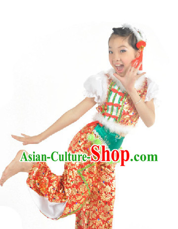 China Children Fan Dance Costume and Headdress