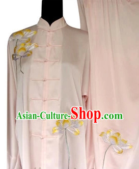 Professional Pink Lotus Embroidery Kung Fu Tai Chi Silk Uniform