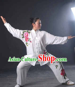 Top White Hands Painted Peony Martial Arts Tai Chi Silk Clothes