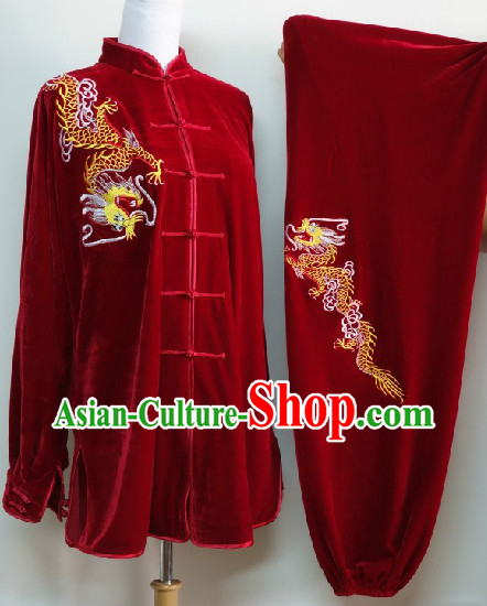 Traditional Red Winter Wear Dragon Embroidery Kung Fu Suit