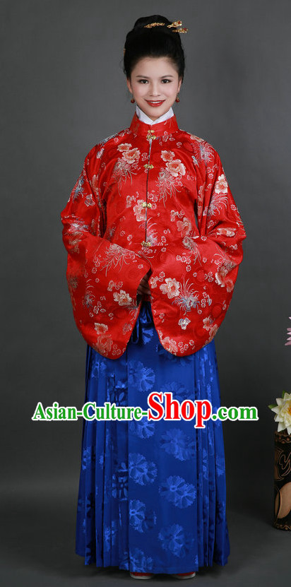 Red and Blue Ming Dynasty Hanfu Costumes and Hair Accessories Complete Set for Women