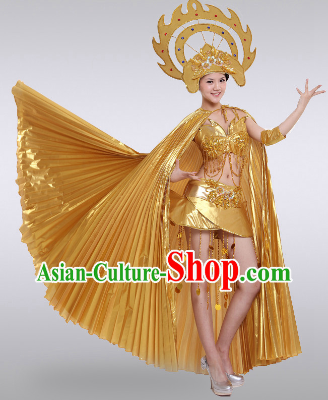 Gold Thailand Dance Costumes and Hat for Women