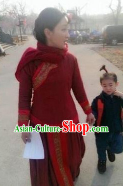 Chinese Red Sorghum Folk Dress Suit for Women