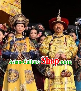 Chinese Qing Dynasty Emperor and Empress Hats and Dragon Phoenix Robes