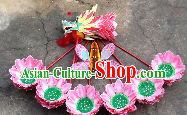 Asian Handmade Lotus Flower Dragon Dance Equipments Complete Set