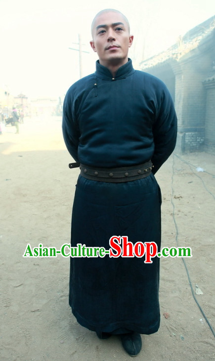 Chinese Traditional Mandarin Kung Fu Master Black Bodyguard Long Robe for Men