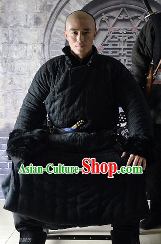 Chinese Traditional Long Black Mandarin Collar Robe Clothing for Men