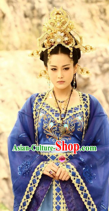 Chinese Empress Blue Robe and Hair Accessories Full Set