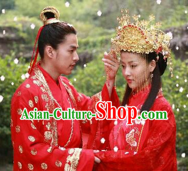 Chinese Classic Red Wedding Suits Men and Women 2 Complete Sets