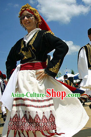 Traditional Greek Dancing Costume and Hat Complete Set for Women