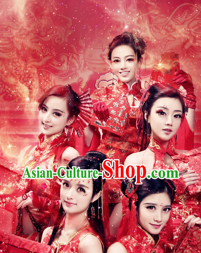 Happy New Year China Red Beauty Fairy Costumes Full Set