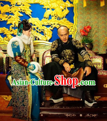 Traditional Manchu Princess Fur Robe Dresses and Headwear