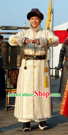 Qing Dynasty Prince Winter Long Robe Clothes and Hat Complete Set