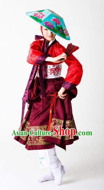 Korean Traditional Fan Dance Costumes and Hat for Women