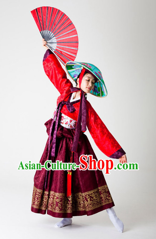 Korean Traditional Fan Dance Costumes and Hat for Women