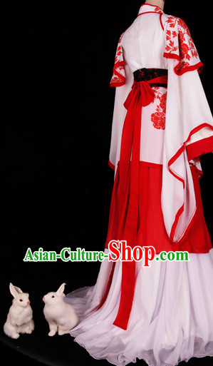 White and Red Asian Princess Dresses and Hair Accessories Complete Set
