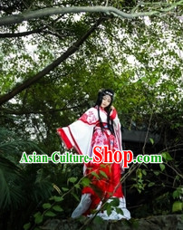 White and Red Asian Princess Dresses and Hair Accessories Complete Set