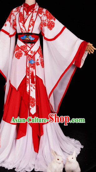 White and Red Asian Princess Dresses and Hair Accessories Complete Set