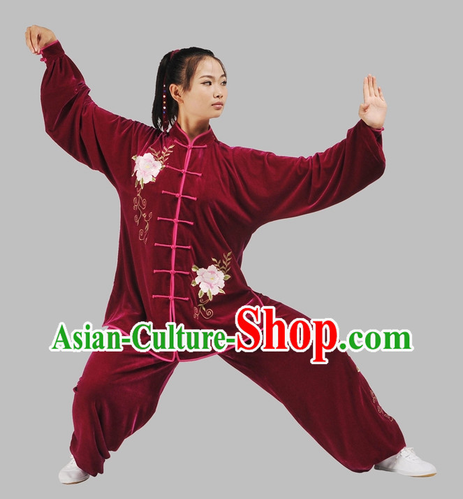 China Red Top Velvet Embroidery Kung Fu Pants and Blouse Complete Set for Women