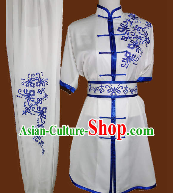 Blue Flower Embroidery Short Sleeves Wushu Uniforms