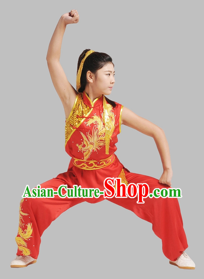 Top Red Gold Phoenix Embroidery Martial Arts Competition Uniforms