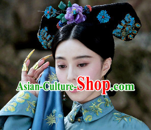 Qing Dynasty Noblewoman Manchu Black Wig and Hair Jewelry