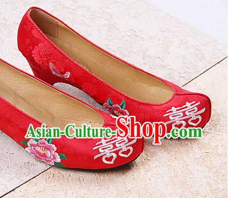 Korean Brides Wedding Bridal Red Shoes with Double Happiness Characters