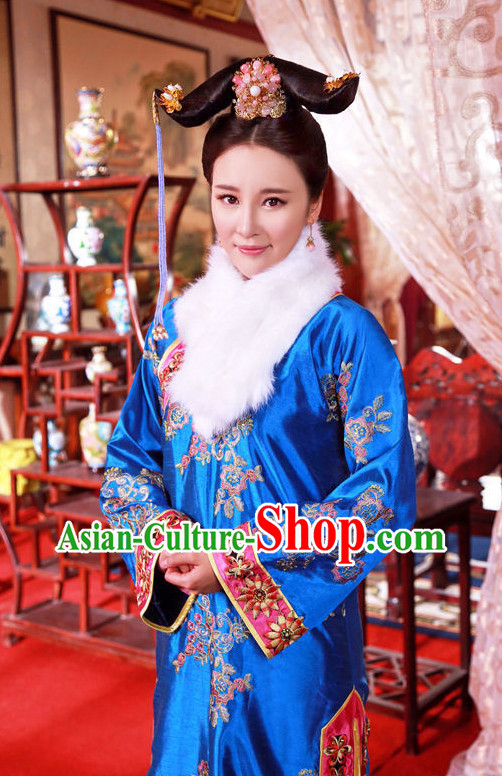 Chinese Manchu Imperial Empress Long Robe and Headwear Complete Set
