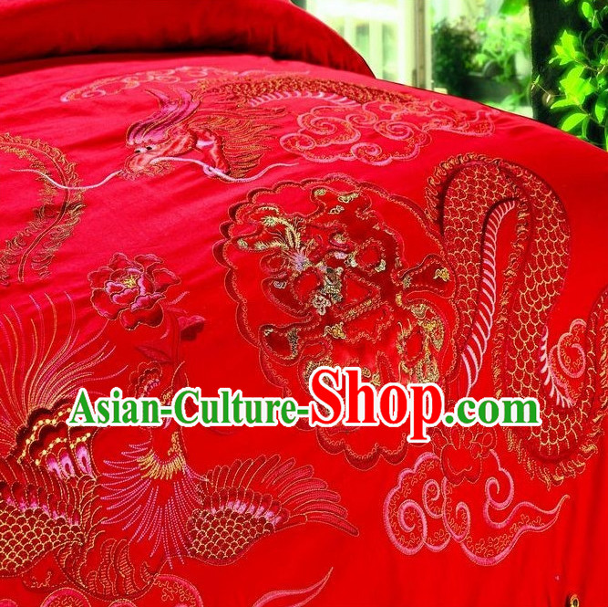 Chinese Dragon Phoenix Embroidery Bed Cover Six Pieces Set