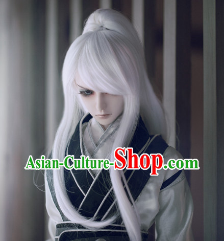 Chinese Traditional White Long Wig for Men