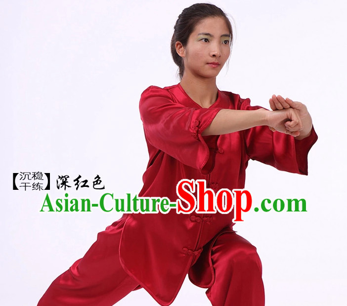 Plain Red Color Top Asian China Tai Chi Short Sleeves Uniform