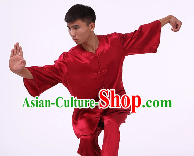 Plain Red Color Top Asian China Tai Chi Short Sleeves Uniform for Men