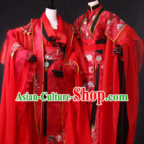 Chinese Red Wedding Hanfu Dresses 2 Sets for Men and Women