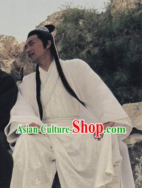 Chinese Ancient White Hanfu Costumes and Hair Bands Complete Set for Men