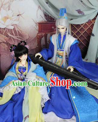 Chinese Blue Lover Costumes and Hair Jewelry Complete Set for Men and Women
