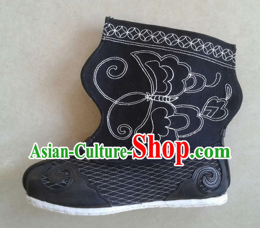 Handmade Chinese Traditional Ancient Warrior Wrestler Men Black Leather Boots Footwear