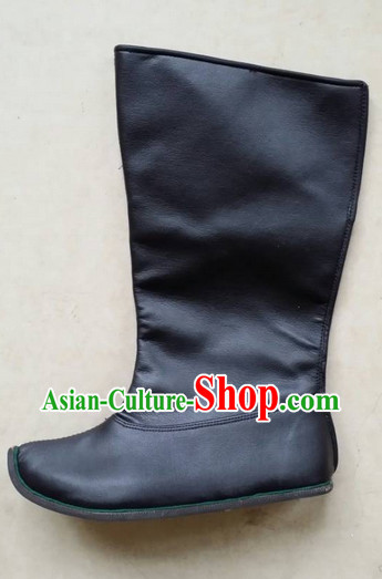 Handmade Chinese Traditional Black Ladies Leather Boots Footwear