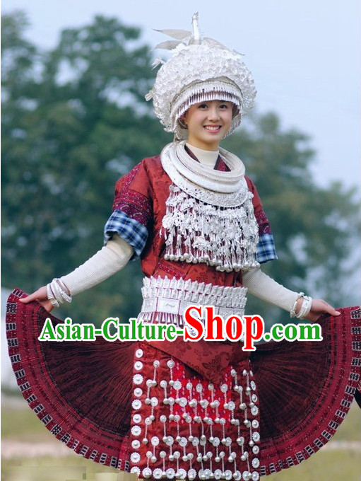 Oriental Chinese Traditional Miao Dress Ethnic Clothing and Silver Hat Necklace Complete Set