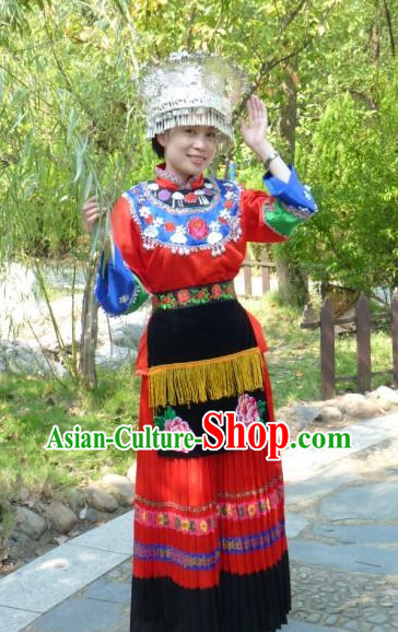 Asian Fashion Chinese Traditional Ethnic Oriental Clothing and Hat Complete Set